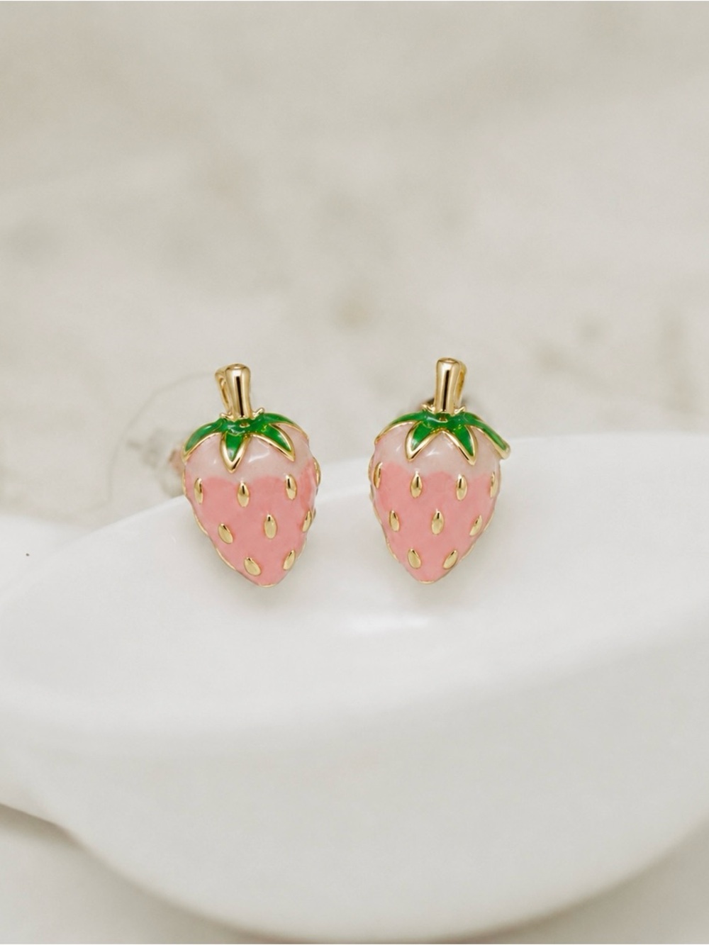 “Pink Strawberry” Juicy Yummy Fruit Fruity Bumpy Seeds Kawaii Dainty Gold Studs - Picture 4 of 7